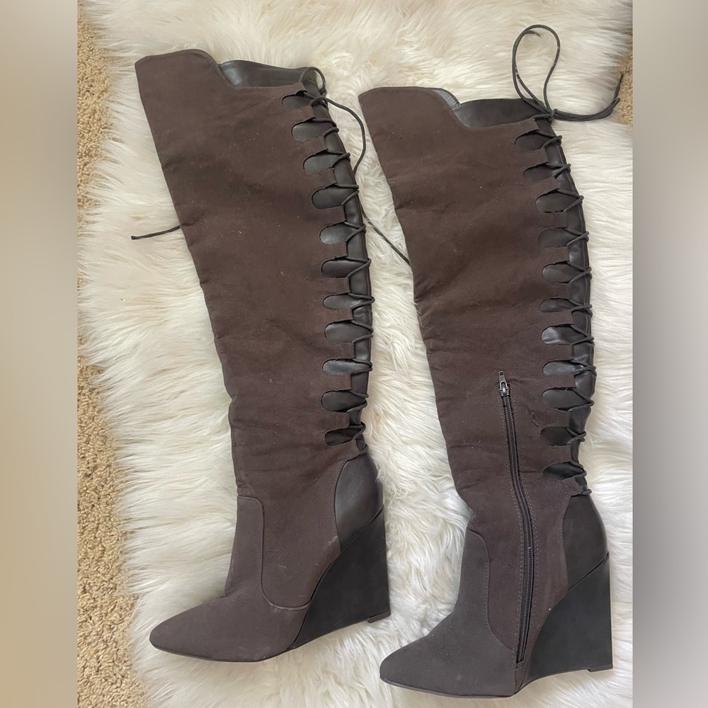 Size 9, Grey to the knee wedge boots